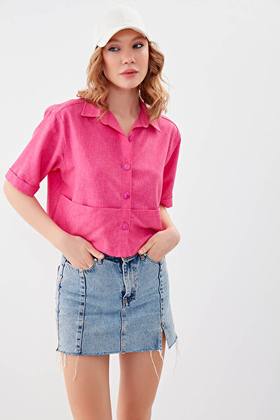 Vitrin Cep Detaylı Kısa Kol Crop Gömlek