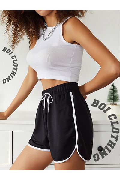 Boi Women's Black and Gray Solid Elastic Waist Stripe Ribbed Pocket Oversize Cut Sports Shorts - Relaxed Cut Summer