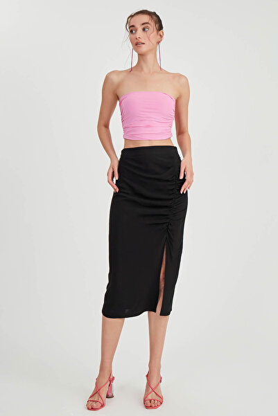 Vitrin Gathered Front Slit Midi Skirt