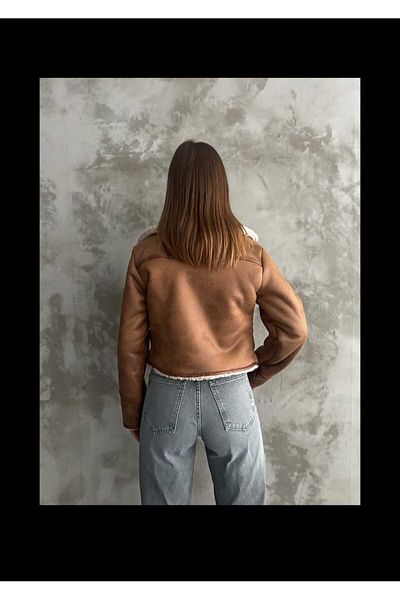 Zeliza Moda Evi Women's Nubuck Double Pocket Zippered Hoodless Short Crop Coat