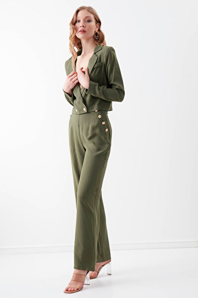Vitrin High Waist Gold Buttoned Wide Leg Trousers