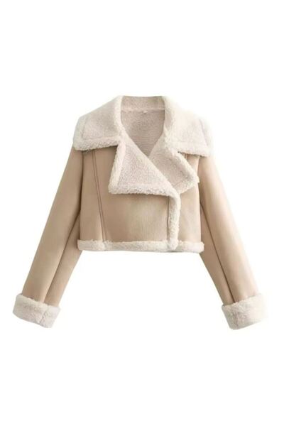 Transacoustic Palton din piele bej, cu guler dublu și blană la interior