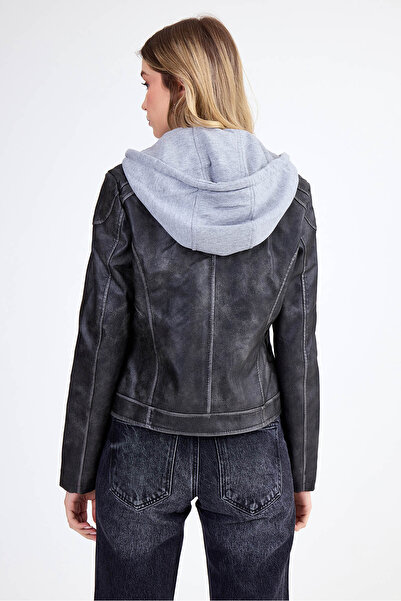 Vitrin Hooded Faux Leather Crop Biker Jacket