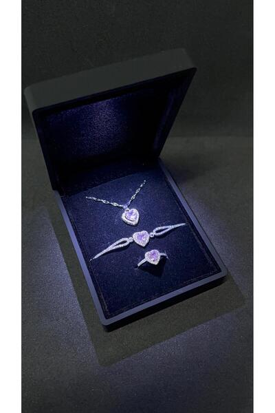 Sepetten Eve Işıklı Kutuda 01 Kolye Bileklik Ve Kalpli Yüzük Zirkon Taşlı Set Yılbaşı Hediyesi 14 Şubat Sevgili