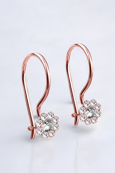 jelux silver Gümüş 925 Ayar Papatya Model Zirkon Taşlı Çocuk Rose Küpe