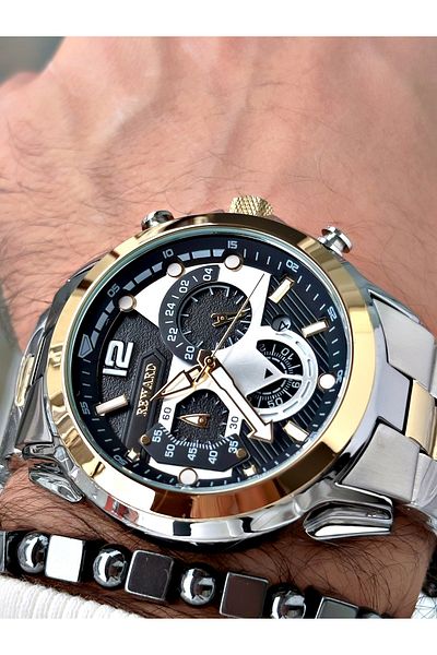 Reward Gold Silver Color Sports Function Steel Band Men's Wrist Watch + Bracelet