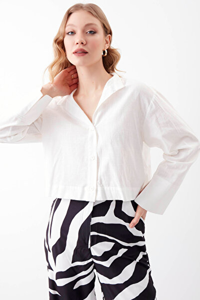 Vitrin Düğmeli Viskon Keten Crop Gömlek