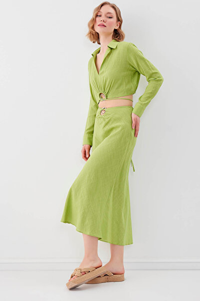 Vitrin Viscose Linen Midi Skirt with Waist Ring Detail