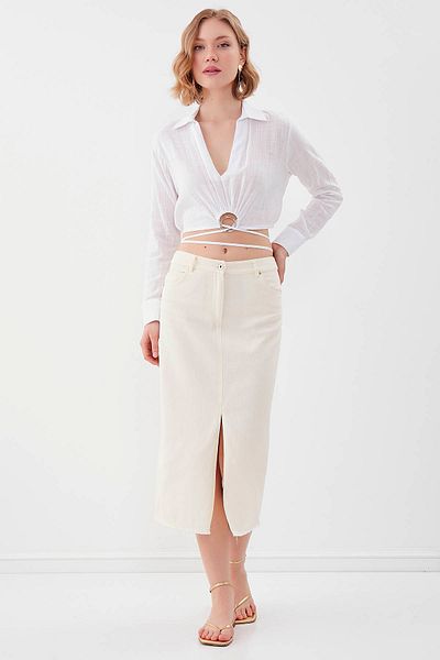 Vitrin Midi Length Denim Skirt with Front Slit
