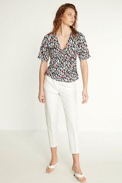 Vitrin Patterned Wrap Short Sleeve Blouse