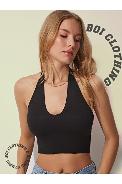 Boi Bluză neagră de vară pentru femei, cu gât cu șalț, cu decolteu, fără spat...