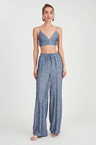 Vitrin Elastic Waist Striped Wide Leg Trousers