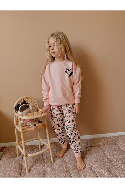 patriko tekstil Pink Leopard Printed 2 Threads Girl's Bottom Sweatshirt Suit