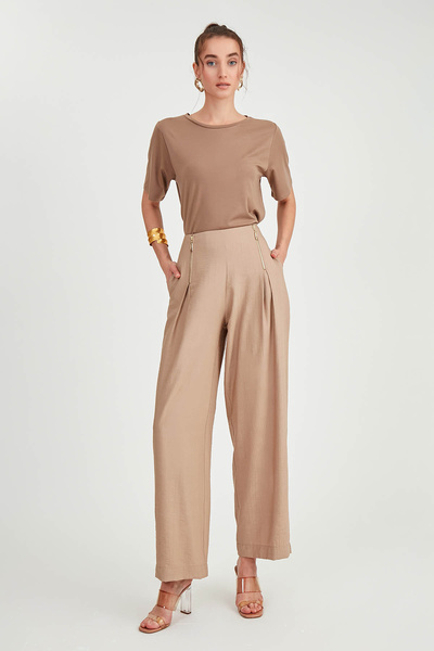 Vitrin Front Zipper Pleated Wide Leg Pants