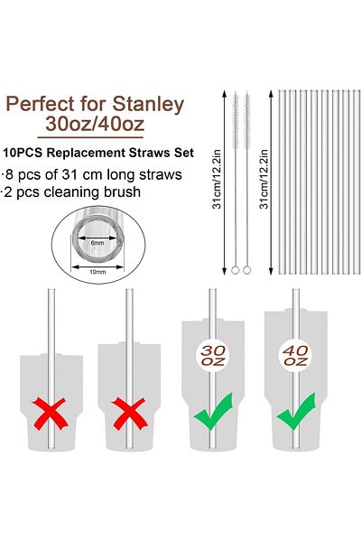 madamina 8Pcs Flat Glass Straws and 2Pcs Brush for Stanley Adventure Quencher - 31cm