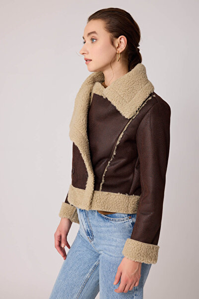 Vitrin Buttoned Front Furry Crop Biker Jacket