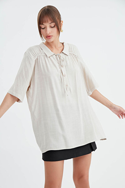 Vitrin Buttoned and Tied Front Design Blouse