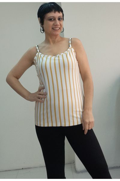 Mertcan Butik White Mustard Striped String Strap Combed Cotton Viscose T-Shirt
