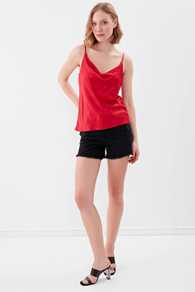 Vitrin Degaje Collar Satin Blouse with Rope Strap