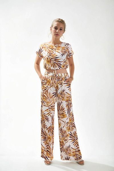 Vitrin Leaf Patterned Elastic Waist Loose Trousers
