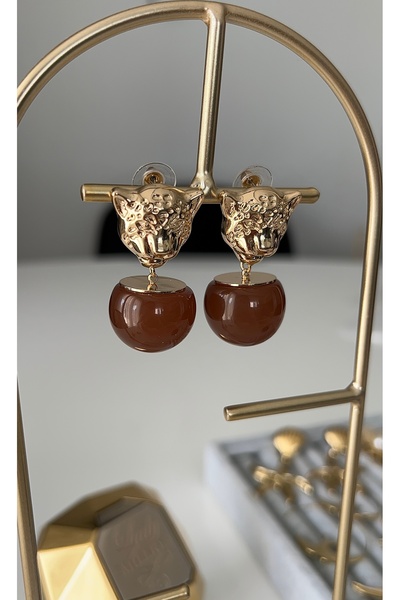 SU PERİSİ TAKI BİJUTERİ Vip Seri Gold Kahverengi Top Sallantılı Marka Model Küpe