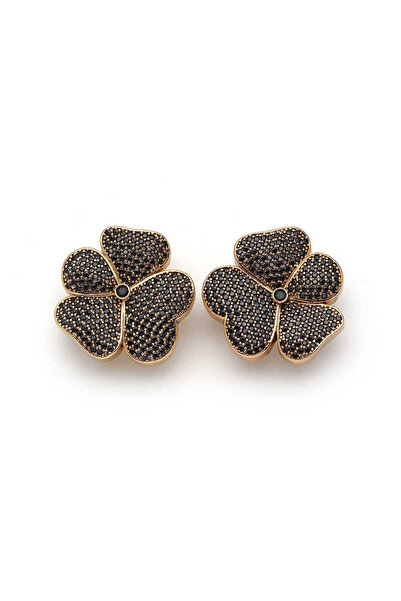 Mon Reve Nixie Siyah Zirkon Altın Kaplama Yonca Klips Klips Küpe