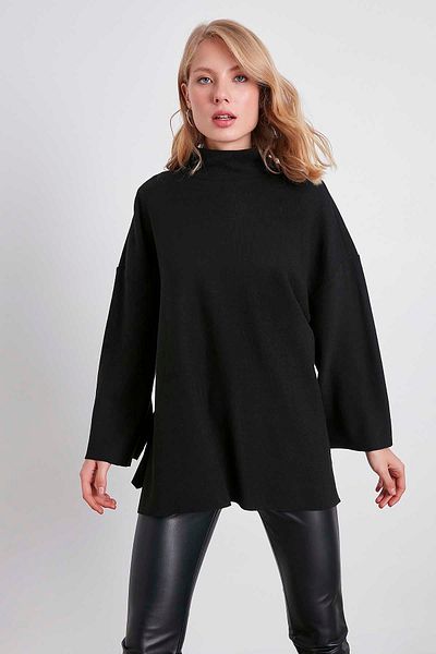 Vitrin Knitted Oversize Blouse with Low Sleeve Collar and Side Slits
