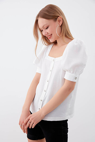 Vitrin U-الرقبة بالون زر الكم بلوزة