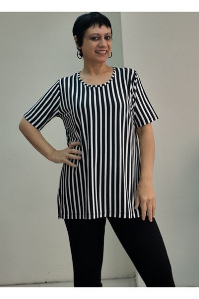 Mertcan Butik Black and White Stripe Short Sleeve Combed Cotton Viscose T-Shirt
