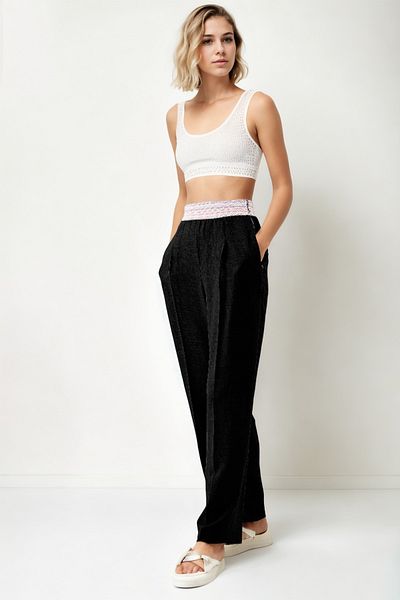 Vitrin Patterned Elastic Waist Wide Leg Trousers
