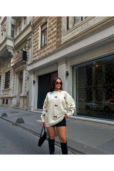 Askı Nişantaşı Brand Model Black Ribbon Detailed Ecru Sweater