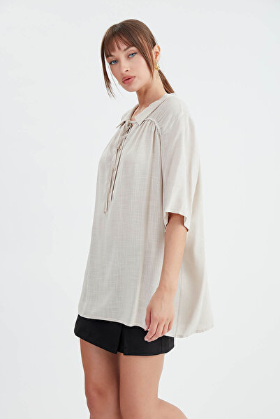 Vitrin Buttoned and Tied Front Design Blouse