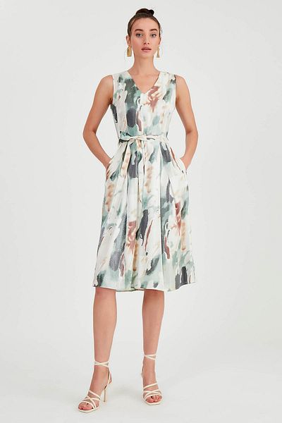 Vitrin Shiny Satin Patterned Dress with Tie Waist