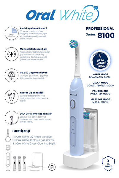 Oral White 4 Modlu Professional Series 8100 Şarjlı Diş Fırçası Mavi ve Pembe İkili Set
