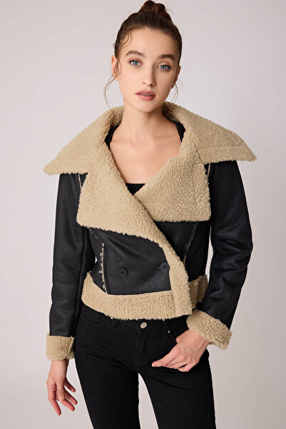 Vitrin Μπουφάν Biker Furry Crop με κουμπιά μπροστά