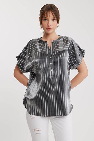 Vitrin Shiny Satin Striped Off-Shoulder Buttoned Blouse