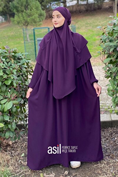 ASİLNUR Asil Ferace Sufle Peçe Takım Mürdüm