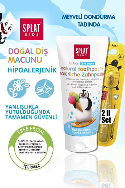 Splat Florürsüz Doğal Dondurma Tadında 2-6 Yaş Çocuk Diş Macunu Junior So Happy 5 Yaş Soft Diş Fırçası