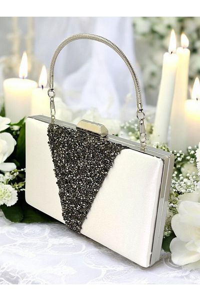 Wedding Fashion Mother of Pearl Satin Platinum Stone Metal Handle Evening Dress Bag Evening Bag Engagement Wedding Bag