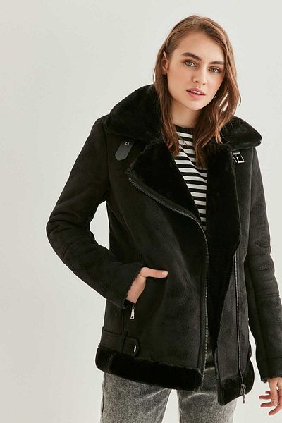 Vitrin Lange Bikerjacke aus schwarzem Wildleder mit Kunstfelldetails