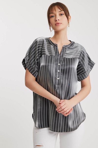 Vitrin Shiny Satin Striped Off-Shoulder Buttoned Blouse
