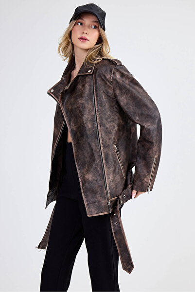 Vitrin Belted Faux Leather Jacket with Epaulette Detail on Shoulder