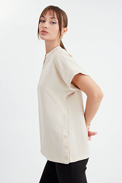 Vitrin Low Shoulder High Neck Blouse - Buttoned