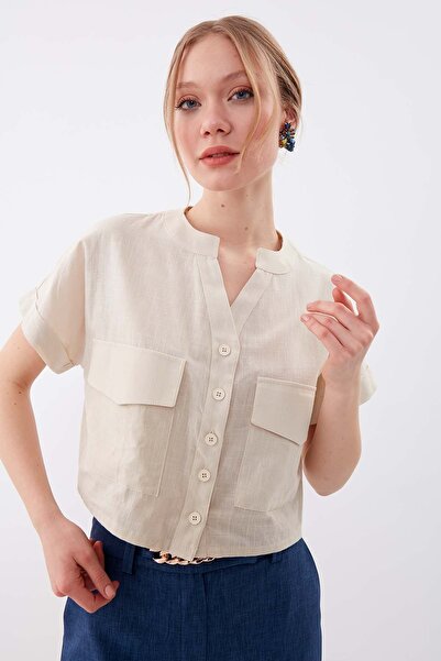 Vitrin Viscose Linen Crop Shirt with Flap Pocket
