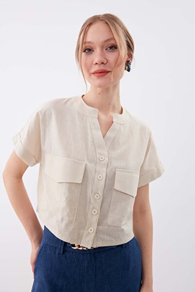 Vitrin Viscose Linen Crop Shirt with Flap Pocket