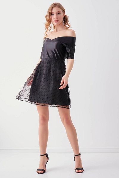 Vitrin Boat Neck Skirt Patterned Dress