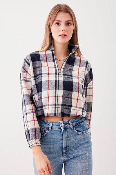 Vitrin Zippered High Collar Plaid Pattern Sweat