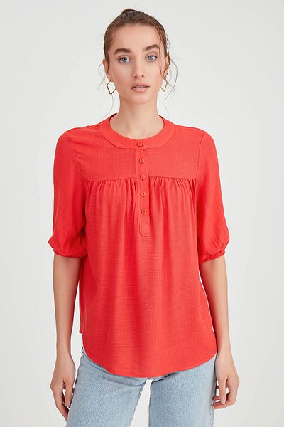 Vitrin Viscose Linen Blouse - Half Sleeve and Button Detail