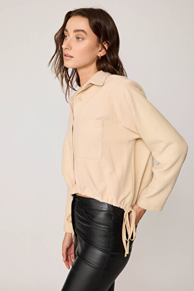 Vitrin Buttoned Front Lace Up Waist Single Pocket Knitted Blouse