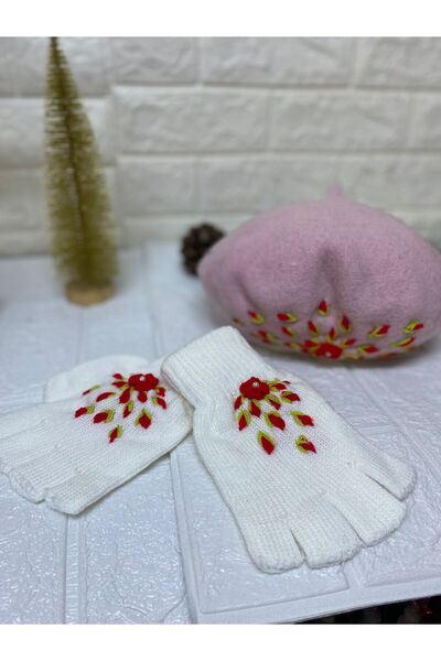 sema aksesuar Handmade Red Floral Embroidered Pearls Pink French Painter Beret Hat and White Fingerless Gloves